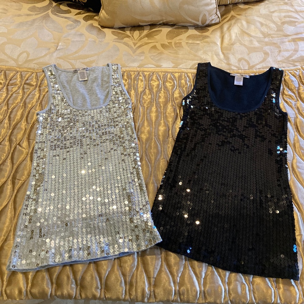 INSTANT ROMANCE Two Sequined Stretch Tank Tops Black and Silver Both Size M